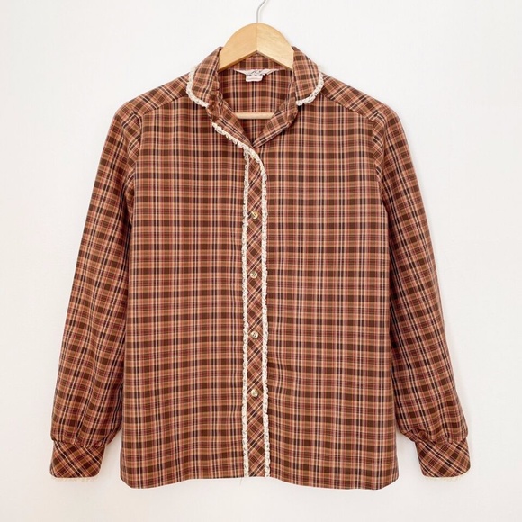 Vintage 70s Womens Shirt Top Plaid Lace Trim Button Up MJ Concepts in Sportwear - Picture 3 of 11